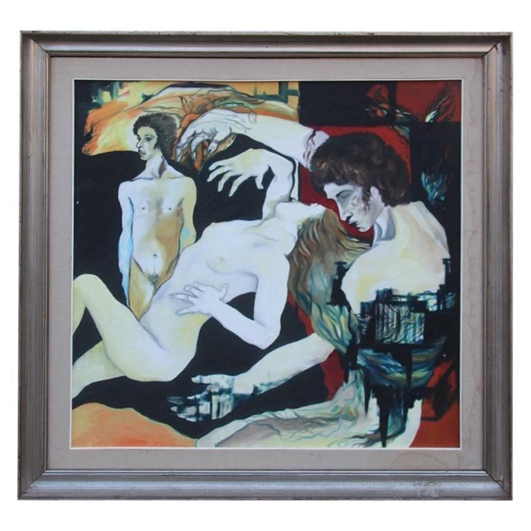 Great Oil On Canvas Sicilian Artist Salvatore Mulè Nude Characters, 1972