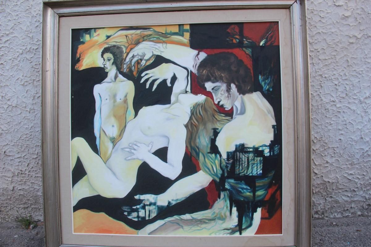 photo for sale Great Oil On Canvas Sicilian Artist Salvatore Mulè Nude Characters, 1972