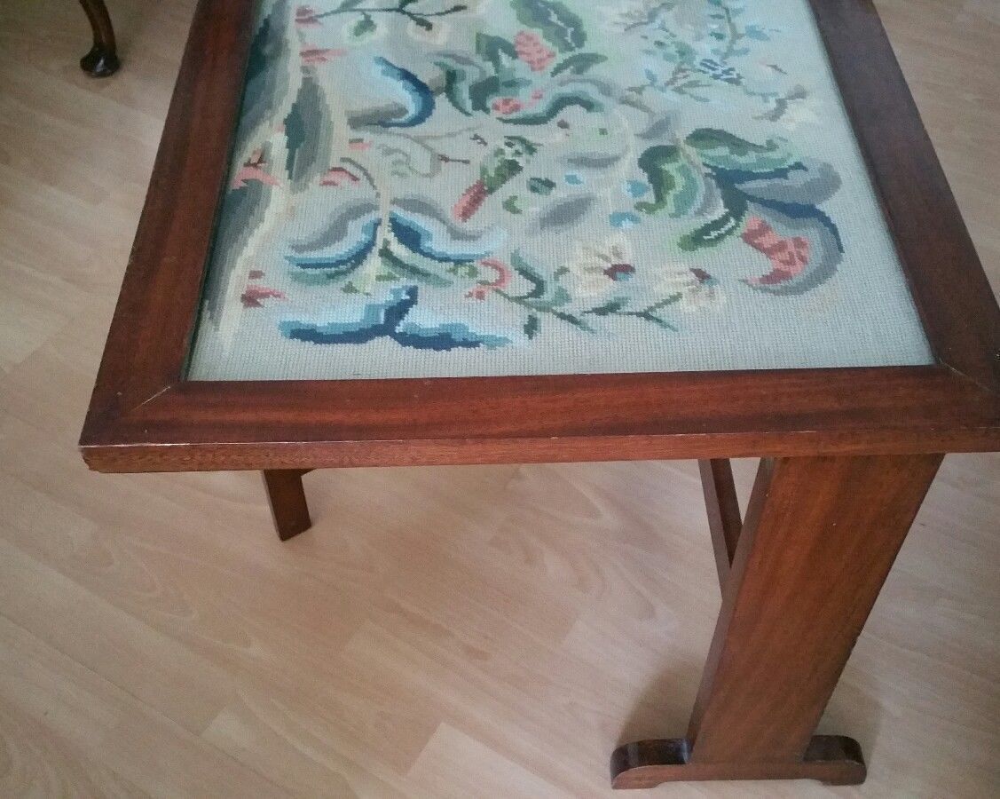 Vintage Wood Folding Table With Glass Top Covering Tapestry