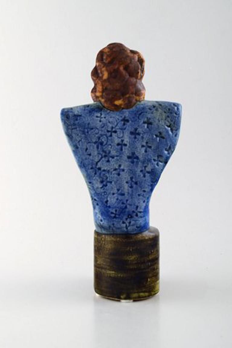 Very Rare Lisa Larson Unique Figure Of Sitting Woman In Blue With Golden Rooster photo for sale