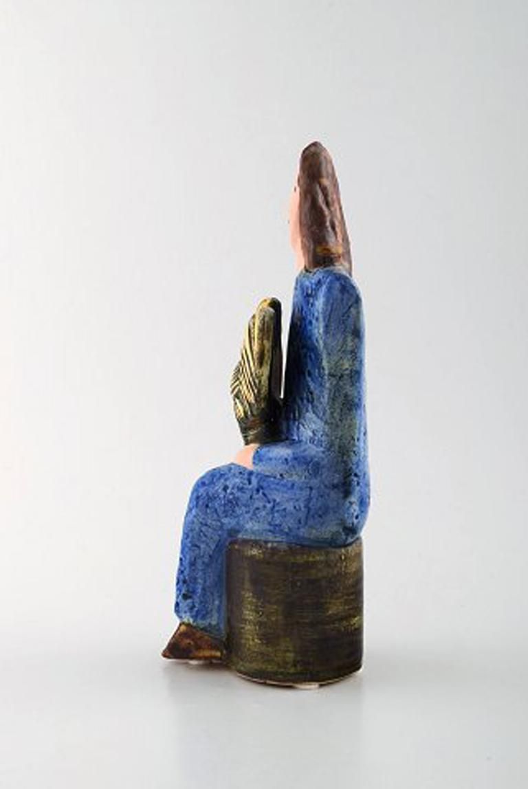 Very Rare Lisa Larson Unique Figure Of Sitting Woman In Blue With Golden Rooster photo Home Decor