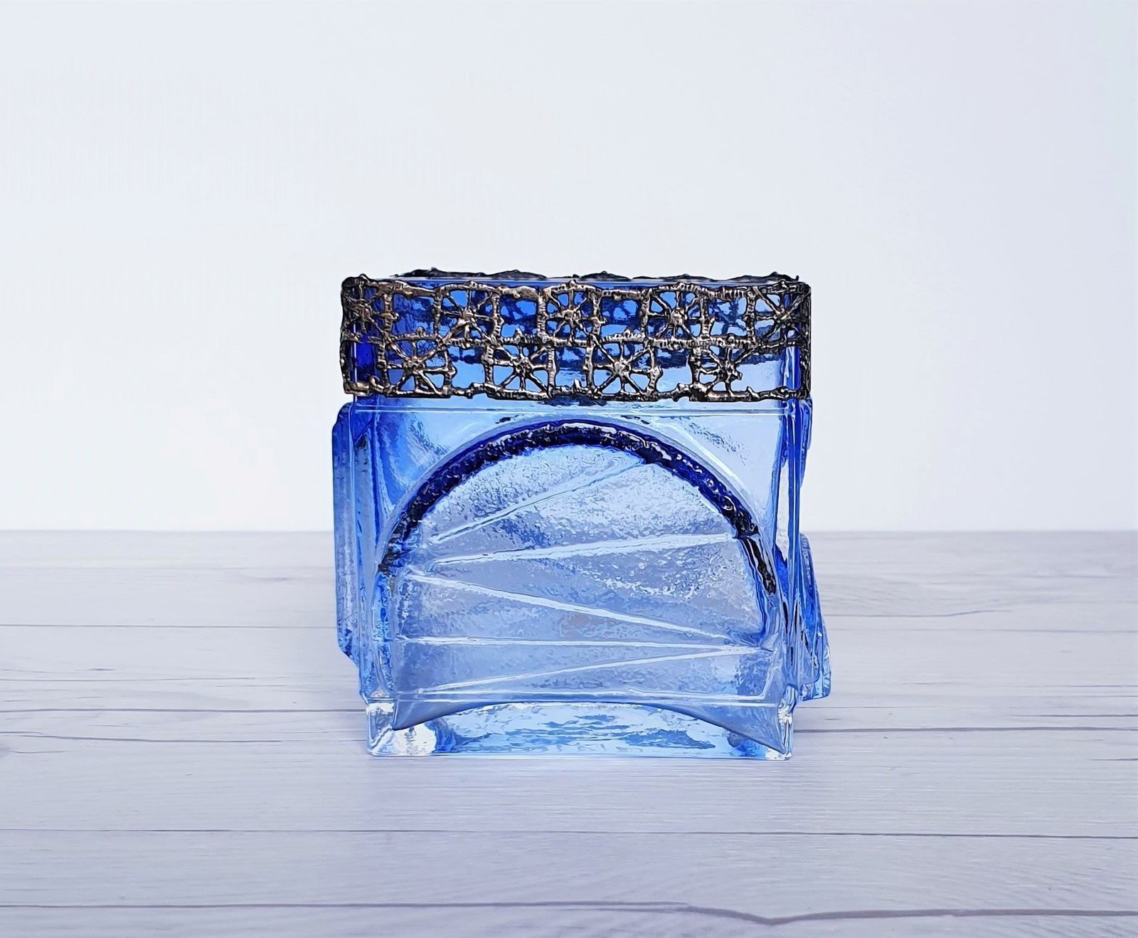 Pentti Sarpaneva, Oy Kumela For Turun Hopea 1972 Modernist Silver And Blue Art Glass Vase, Finnish photo for sale