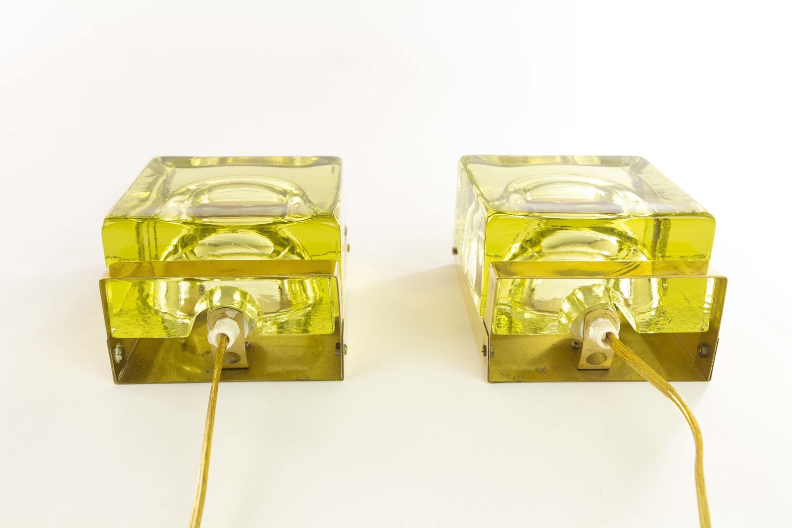 Pair Of Greenish Maritim Glass And Brass Wall Lamps By Vitrika, 1970s photo Lighting