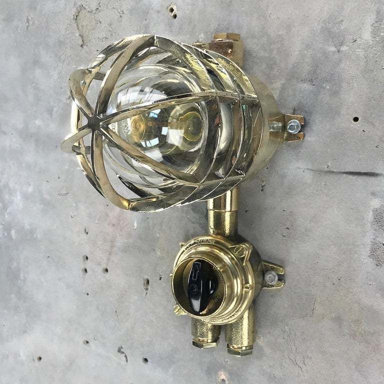 Vintage Industrial 1970s German Explosion Proof Wall Light   Cast Brass, Glass Shade & Rotary Switch photo 285.0