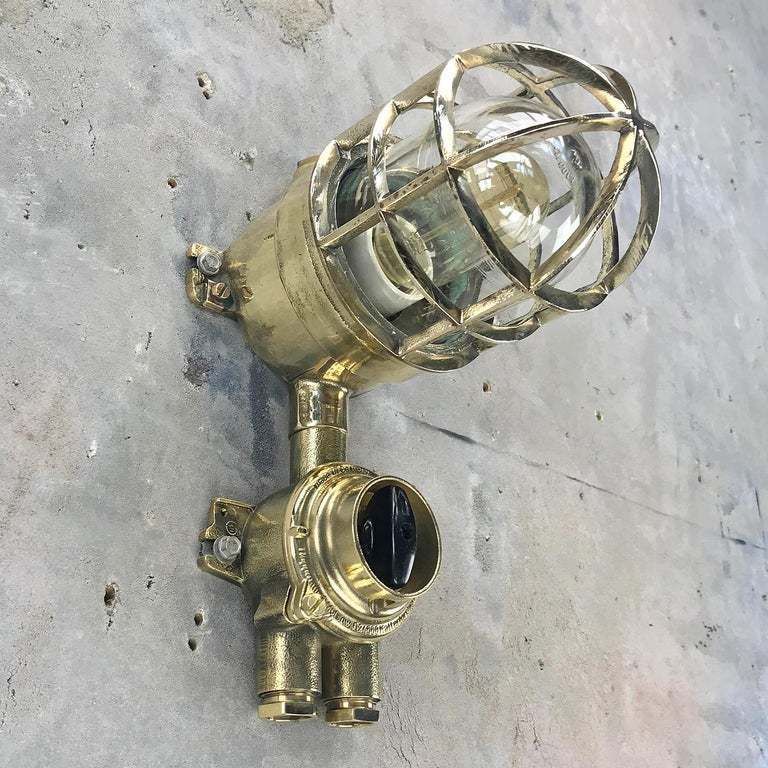 photo vintage Vintage Industrial 1970s German Explosion Proof Wall Light   Cast Brass, Glass Shade & Rotary Switch