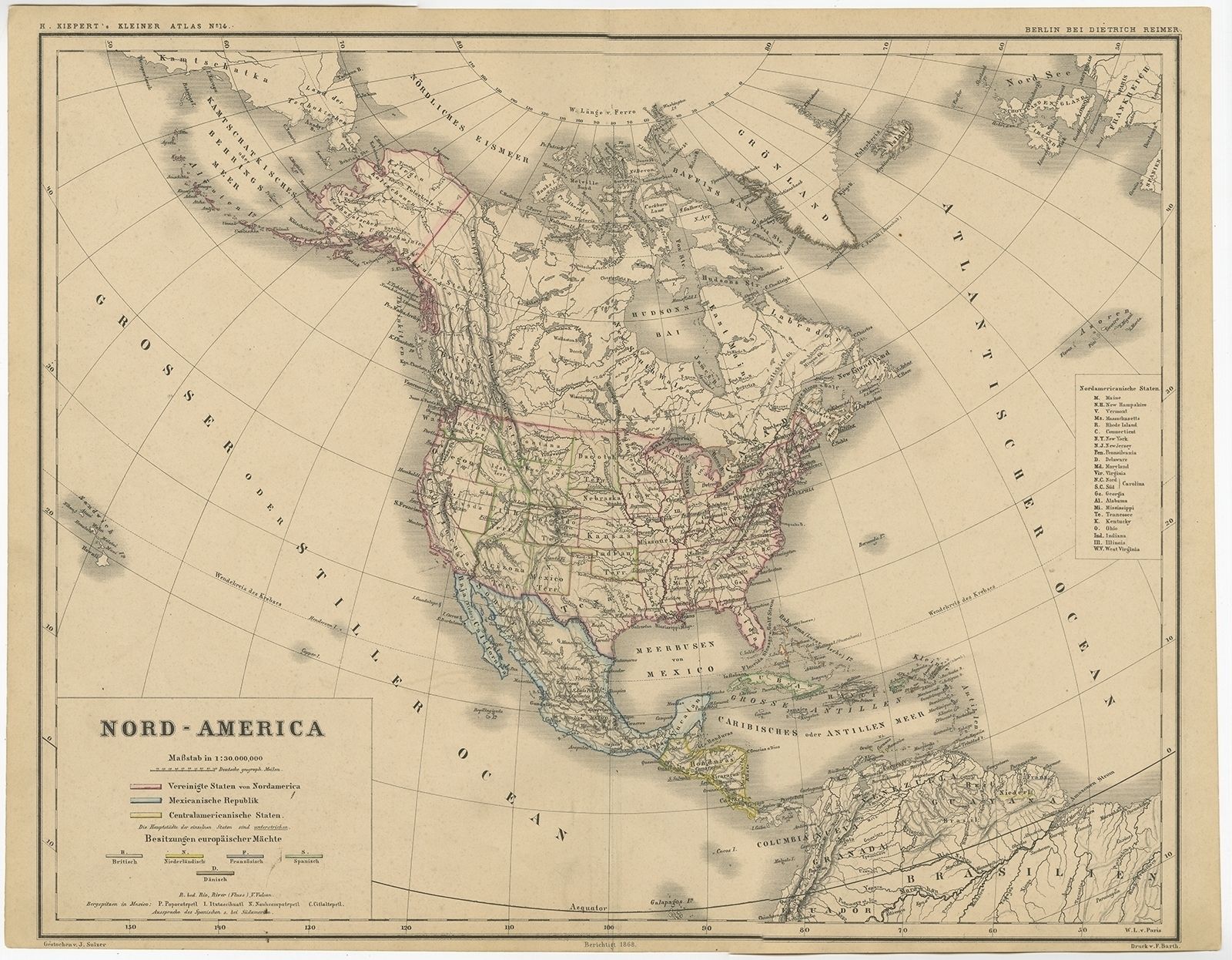 Antique Map Of North America By Kiepert (C.1870)