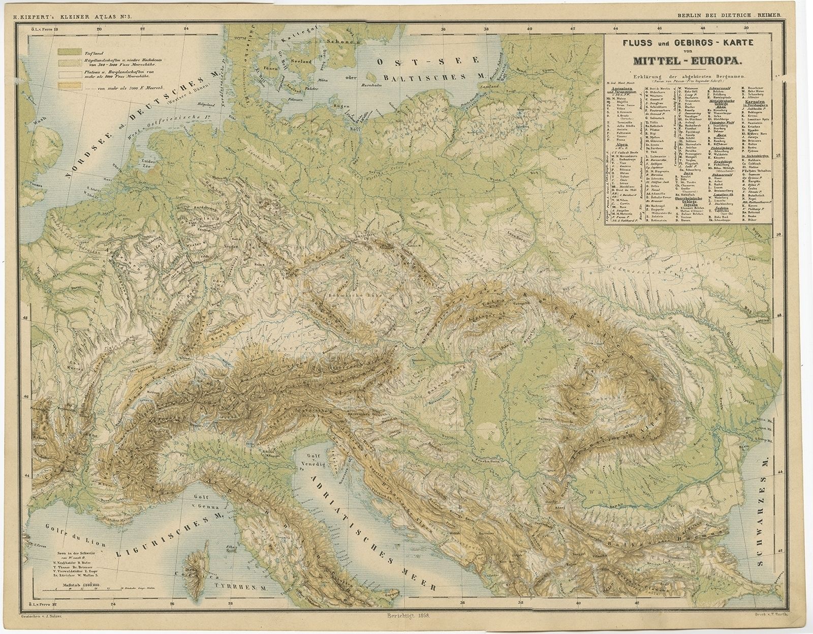 Antique Map Of The Rivers And Mountains Of Europe By Kiepert (C.1870)