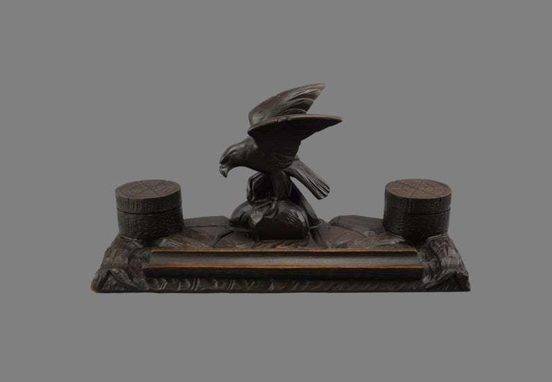 Black Forest Hand Carved Wood Eagle Double Inkwell Ink Stand
