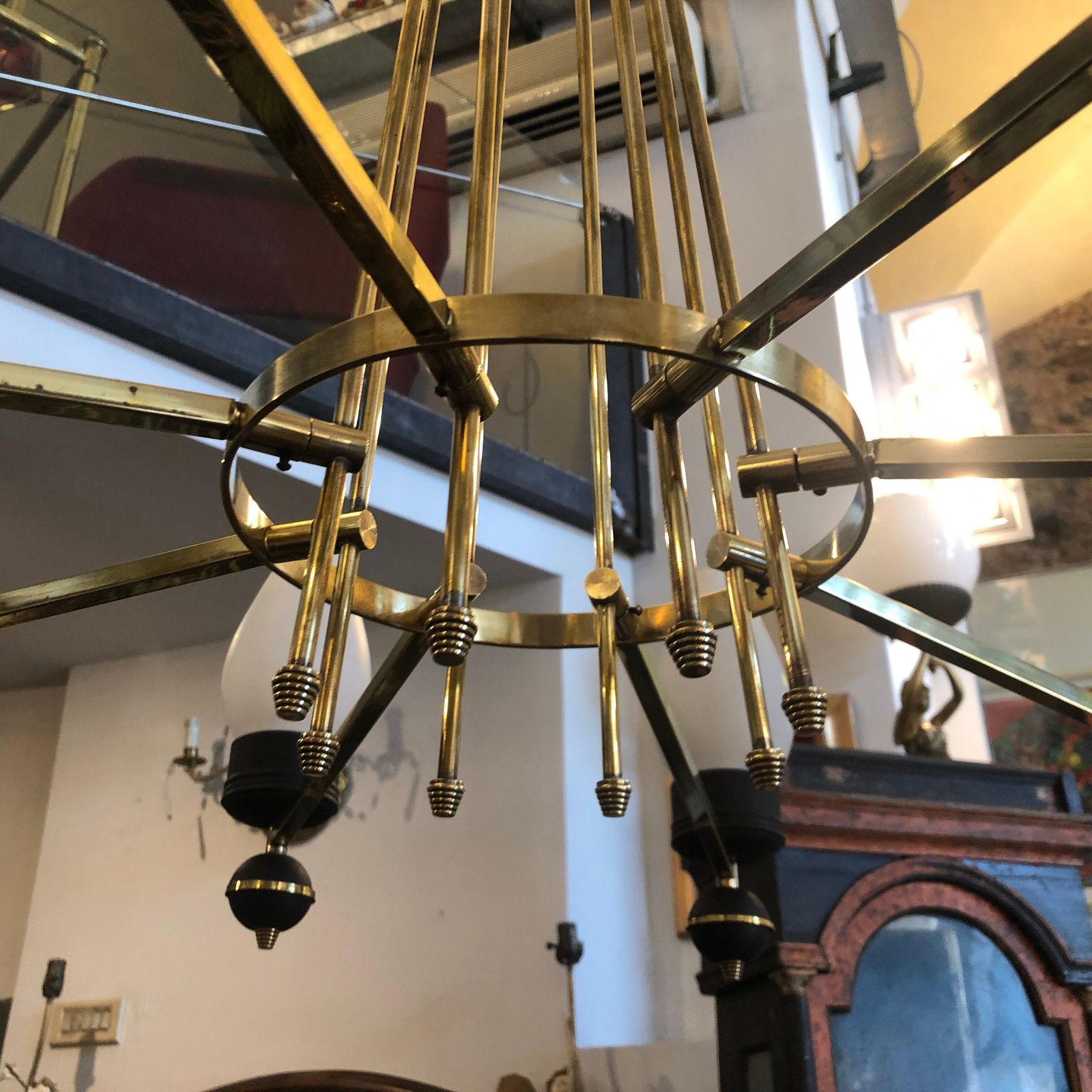 Mid Century Modern Brass And Black Metal Chandelier In The Manner Of Giò Ponti photo for sale
