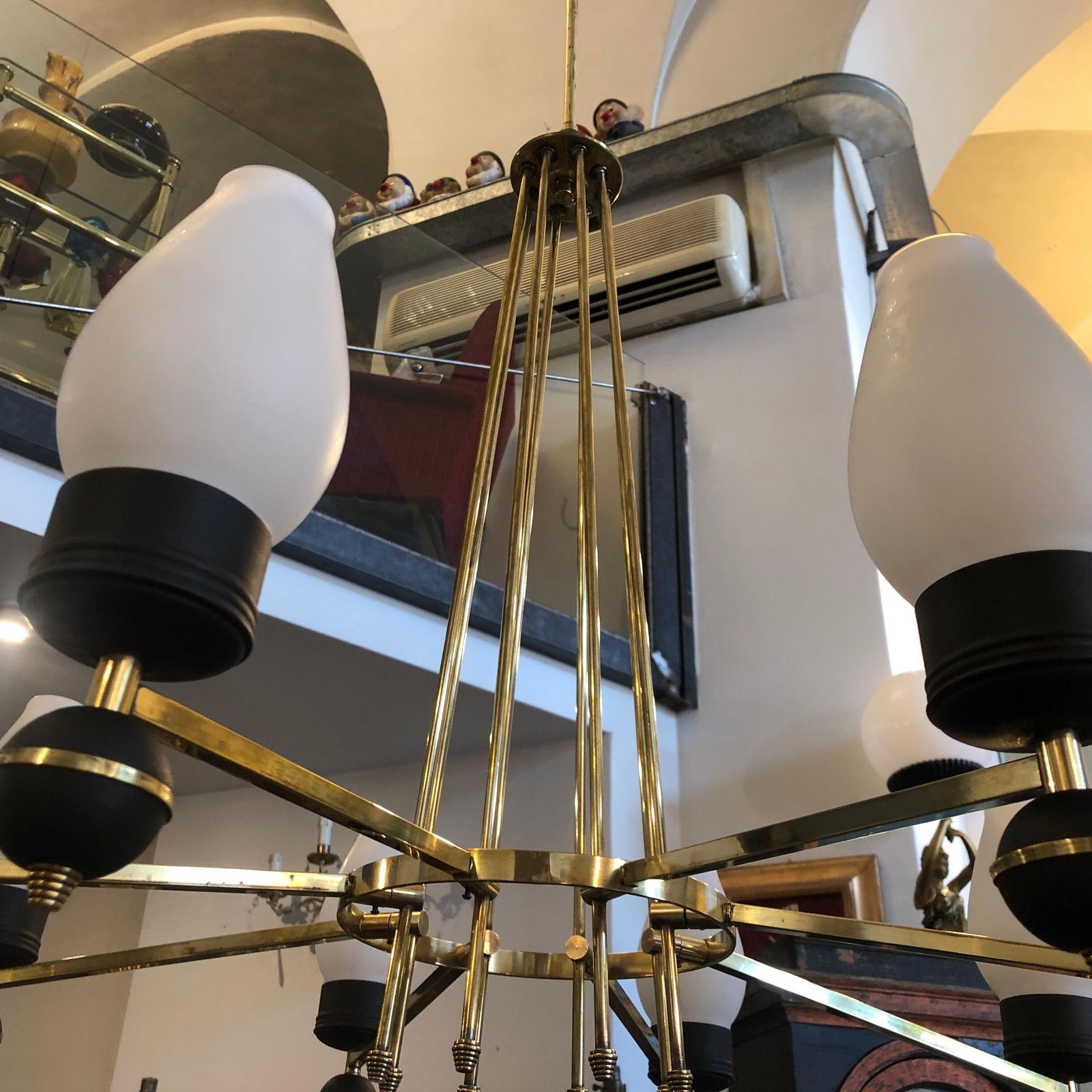 Mid Century Modern Brass And Black Metal Chandelier In The Manner Of Giò Ponti photo Lighting