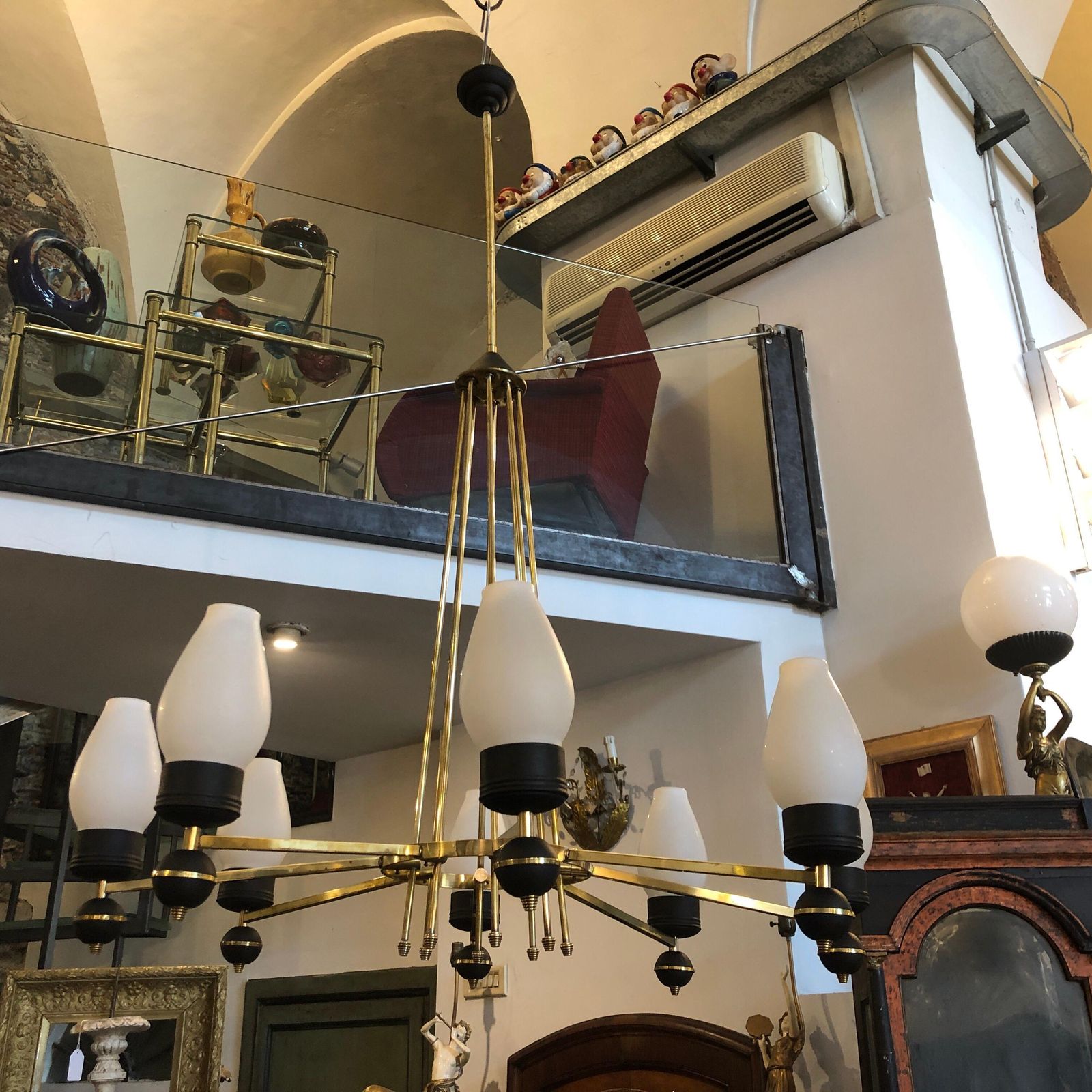 Lighting Mid Century Modern Brass And Black Metal Chandelier In The Manner Of Giò Ponti photo