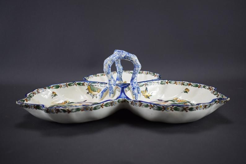 Gien Antique French Hand Painted Pottery Handled Bowl Serving Dish White Renaissance photo for sale