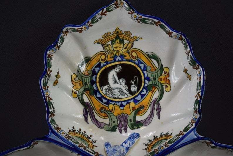 Gien Antique French Hand Painted Pottery Handled Bowl Serving Dish White Renaissance photo Home Decor