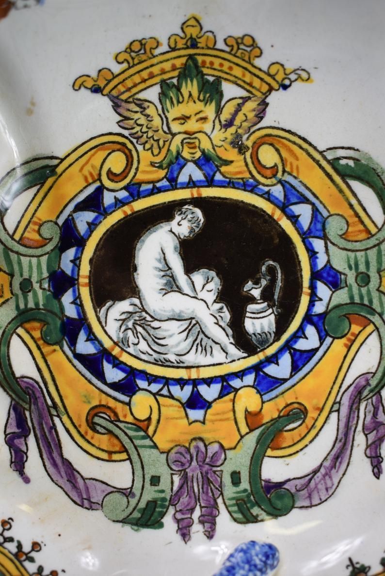 Gien Antique French Hand Painted Pottery Handled Bowl Serving Dish White Renaissance photo 239.0