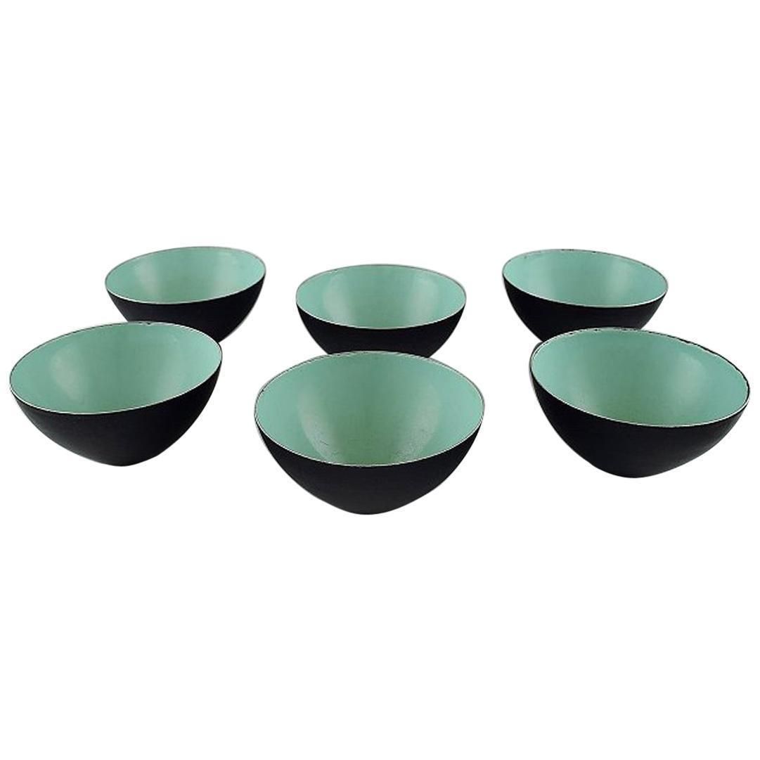 Set Of Six Krenit Bowls By Herbert Krenchel, Black Metal And Mint Green Enamel