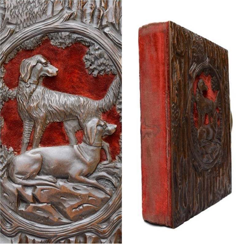 French Antique Black Forest Hand Carved Cover Photograph Album Hound Dog photo for sale