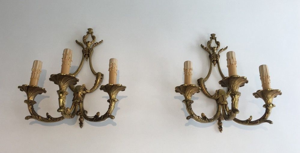 Pair Of Large Louis The 15th Style 3 Lights Bronze Sconces. French. Circa 1960