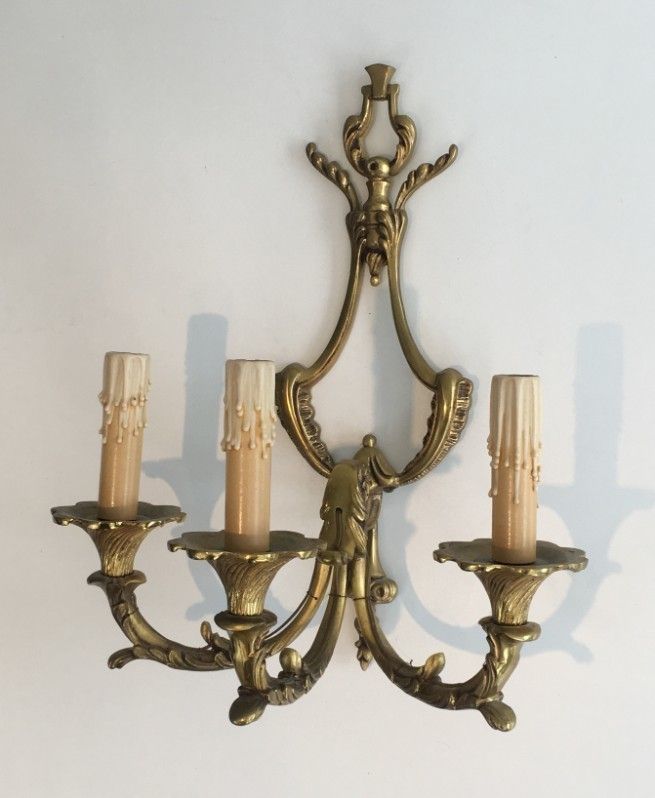 Pair Of Large Louis The 15th Style 3 Lights Bronze Sconces. French. Circa 1960 photo for sale