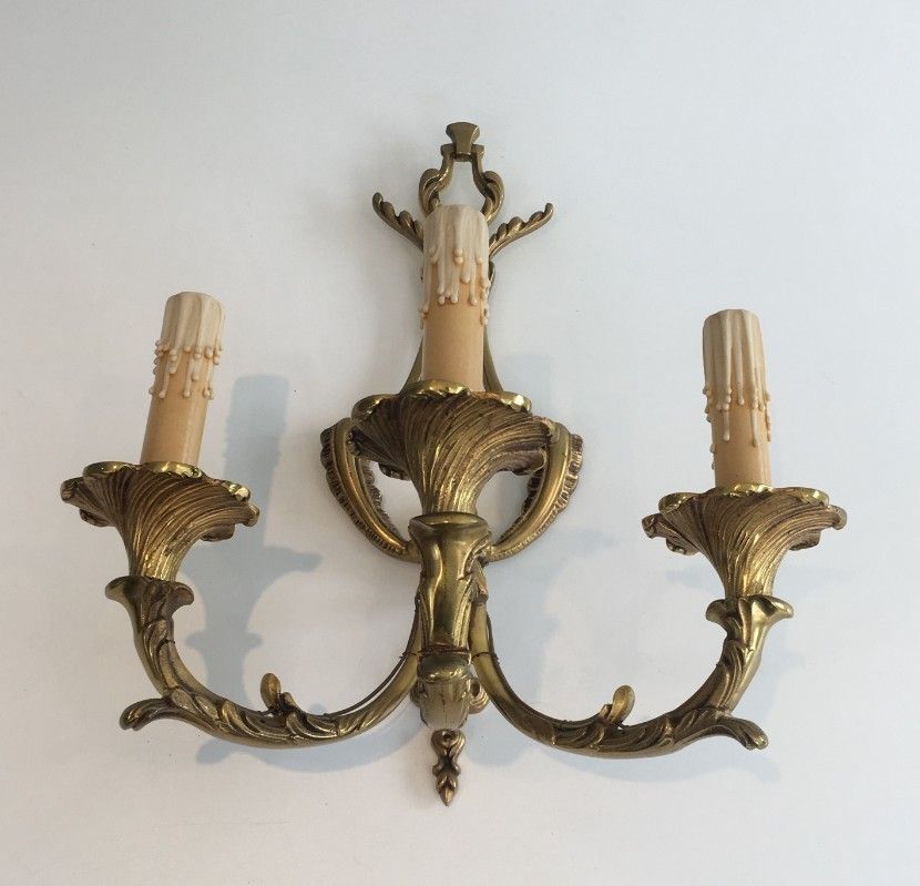 Pair Of Large Louis The 15th Style 3 Lights Bronze Sconces. French. Circa 1960 photo 690.0