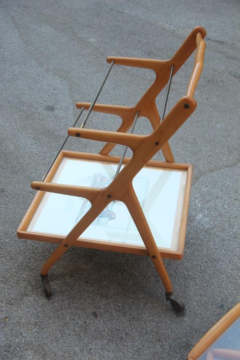 Midcentury Italian Bar Cart Casino By Cesare Lacca Maple Wood Brass Parts, 1950s photo vintage
