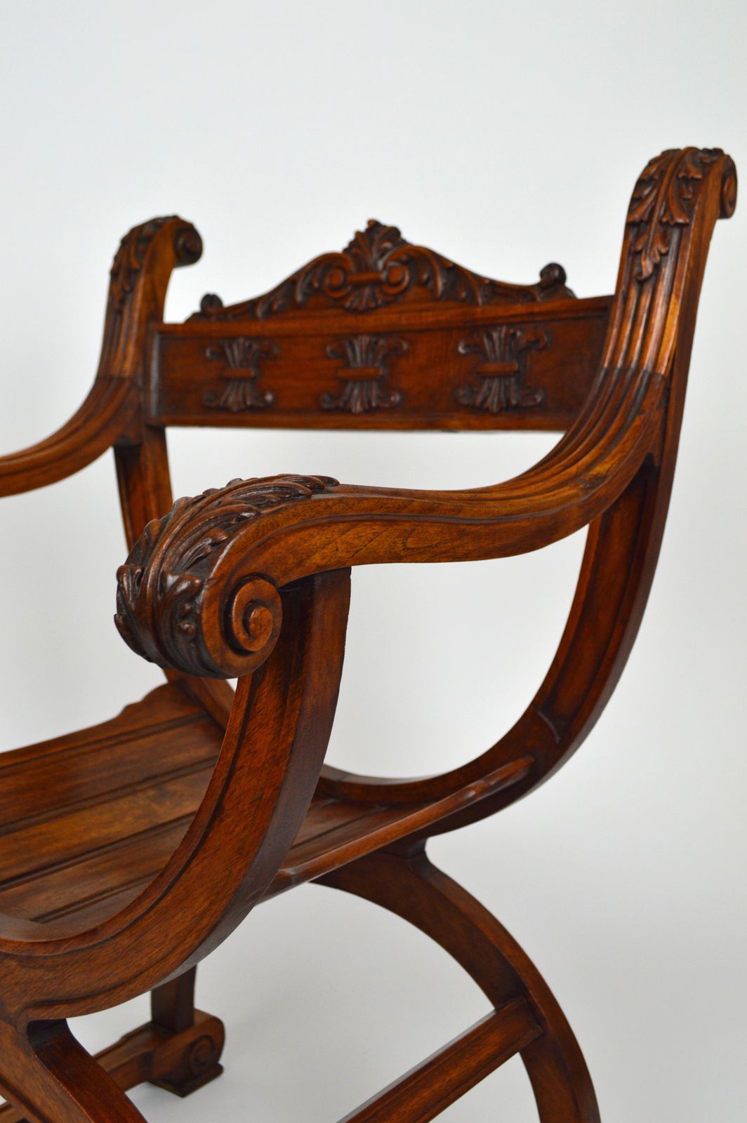 French Carved Walnut Curule Or Armchair, Renaissance Revival photo for sale