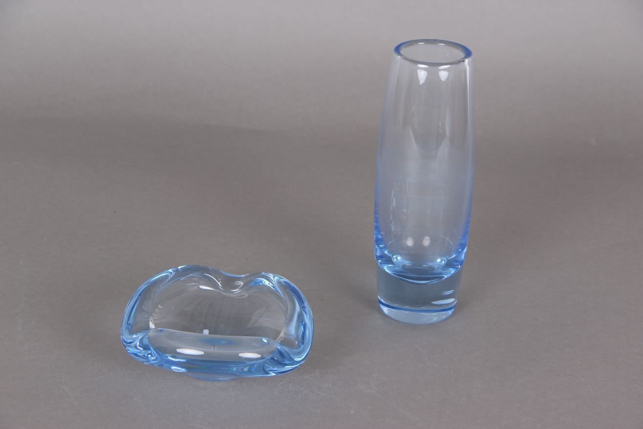 Set Of Vase And Bowl From Holmegaard Denmark   Per Lütken Design. Light Blue Colored Glass.