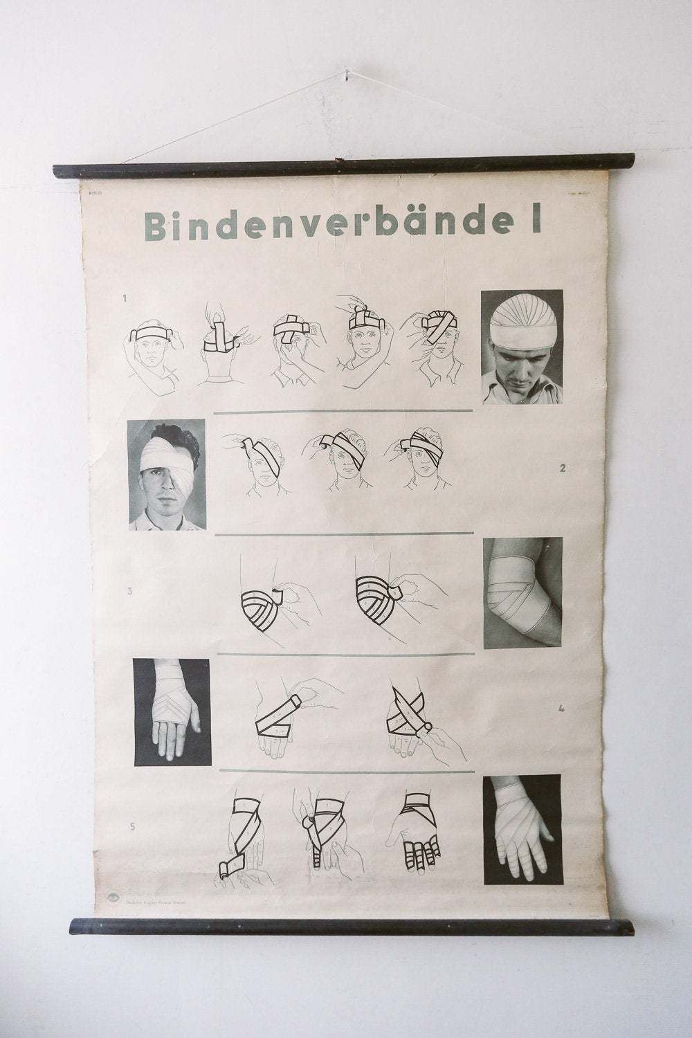 Original Medical Vintage German School Wall Chart Dressings Bandages Anatomy Beautiful Rare