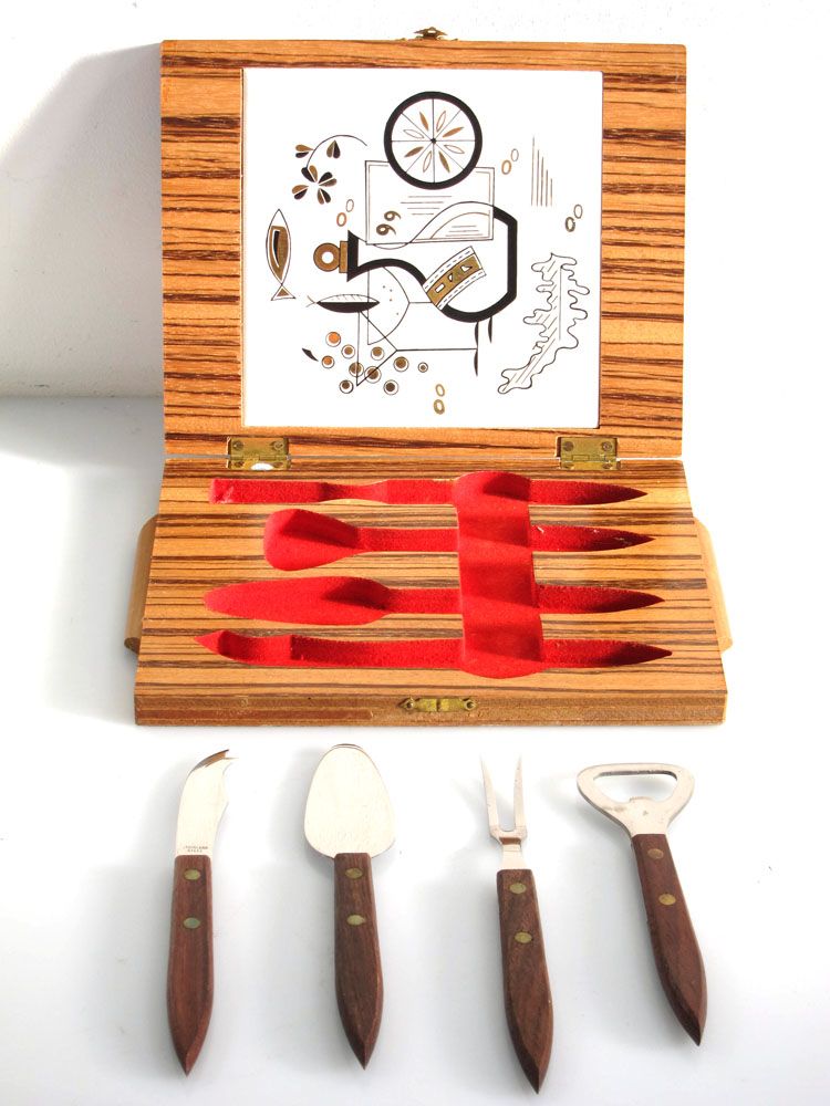 Vintage Cheese Cutting Board And Utensils In Case photo Home Decor