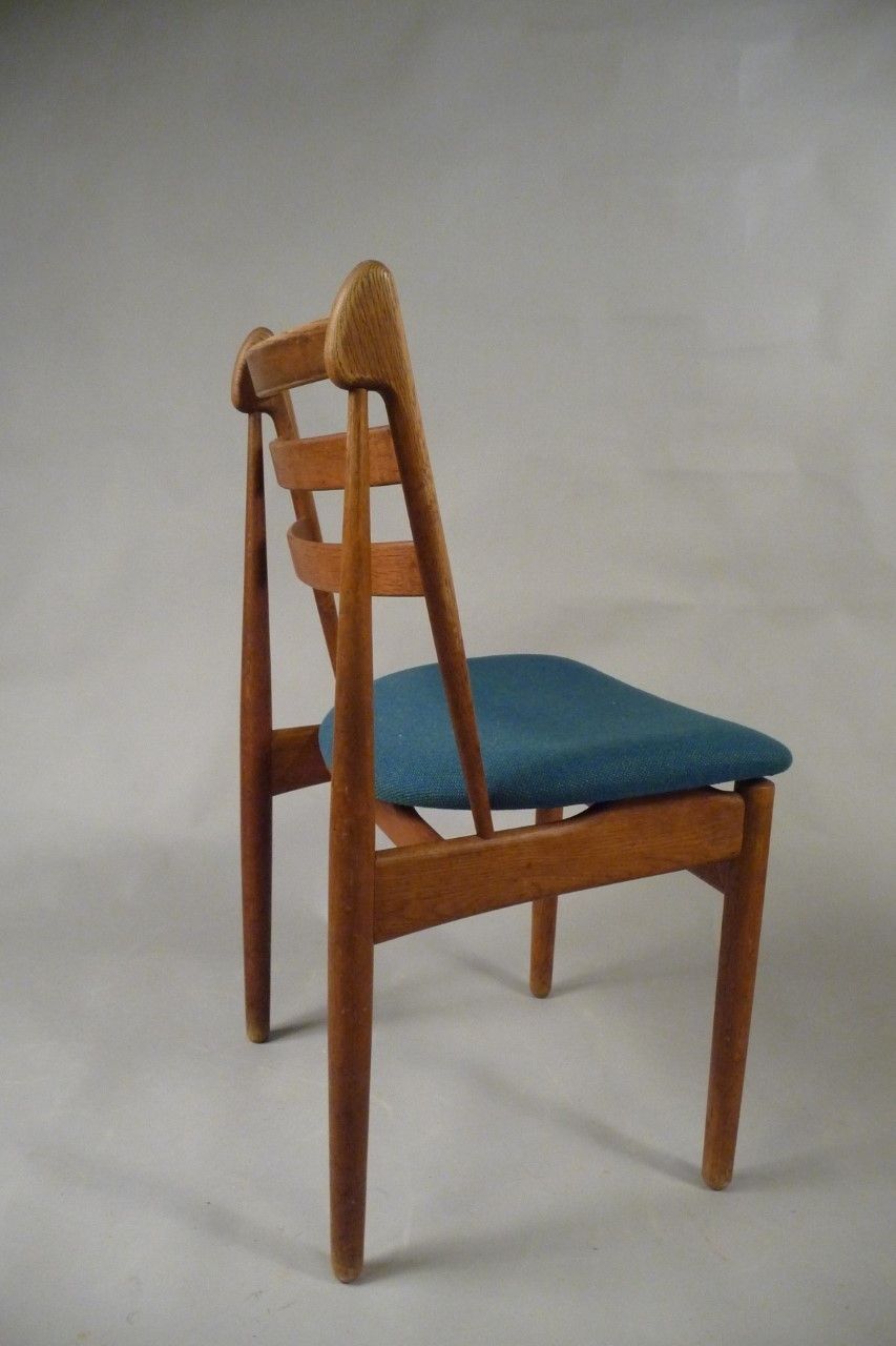 1950s Five Poul Volther Model J60 Dining Chairs In Oak, Blue/Green Fabric   Fdb