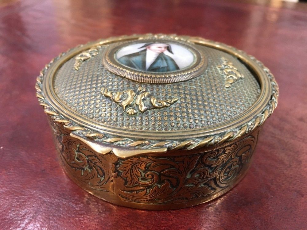 French Empire Brass Table Snuff Box Inset With Paris Porcelain Plaque Of Gentleman C19th