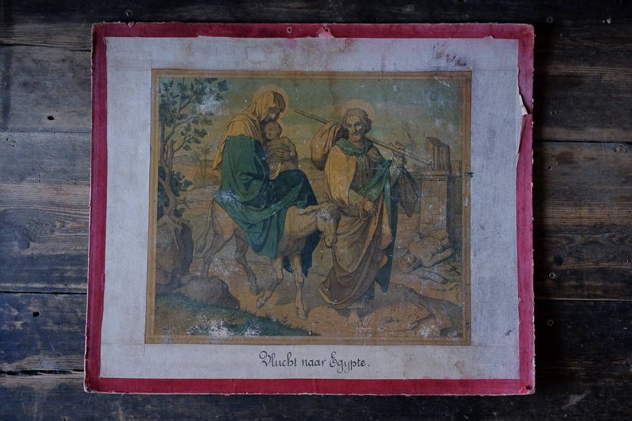 Vintage Antique Mounted Dutch Religious Prints Flight Into Egypt Bible Christian Faith 19th Century