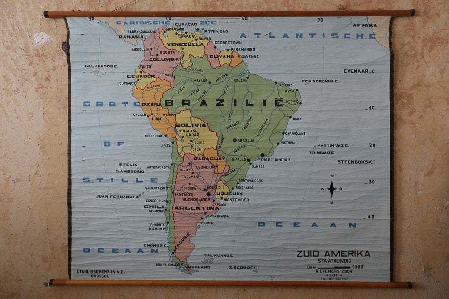 Original Huge Vintage Flemish Educational School Wall Chart South America Bright Map Geography Hand Painted Beautiful Rare Brazil Argentina