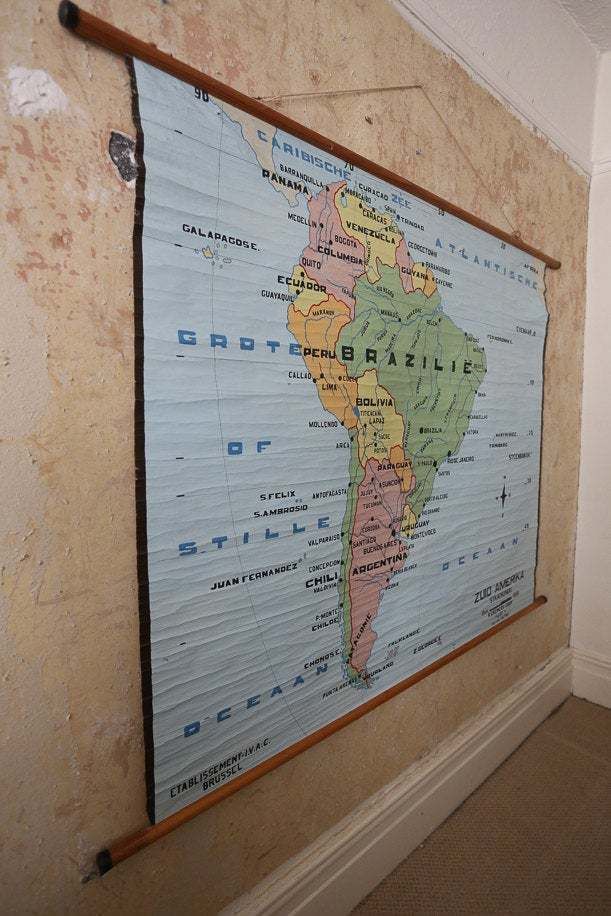 Original Huge Vintage Flemish Educational School Wall Chart South America Bright Map Geography Hand Painted Beautiful Rare Brazil Argentina photo 325.0