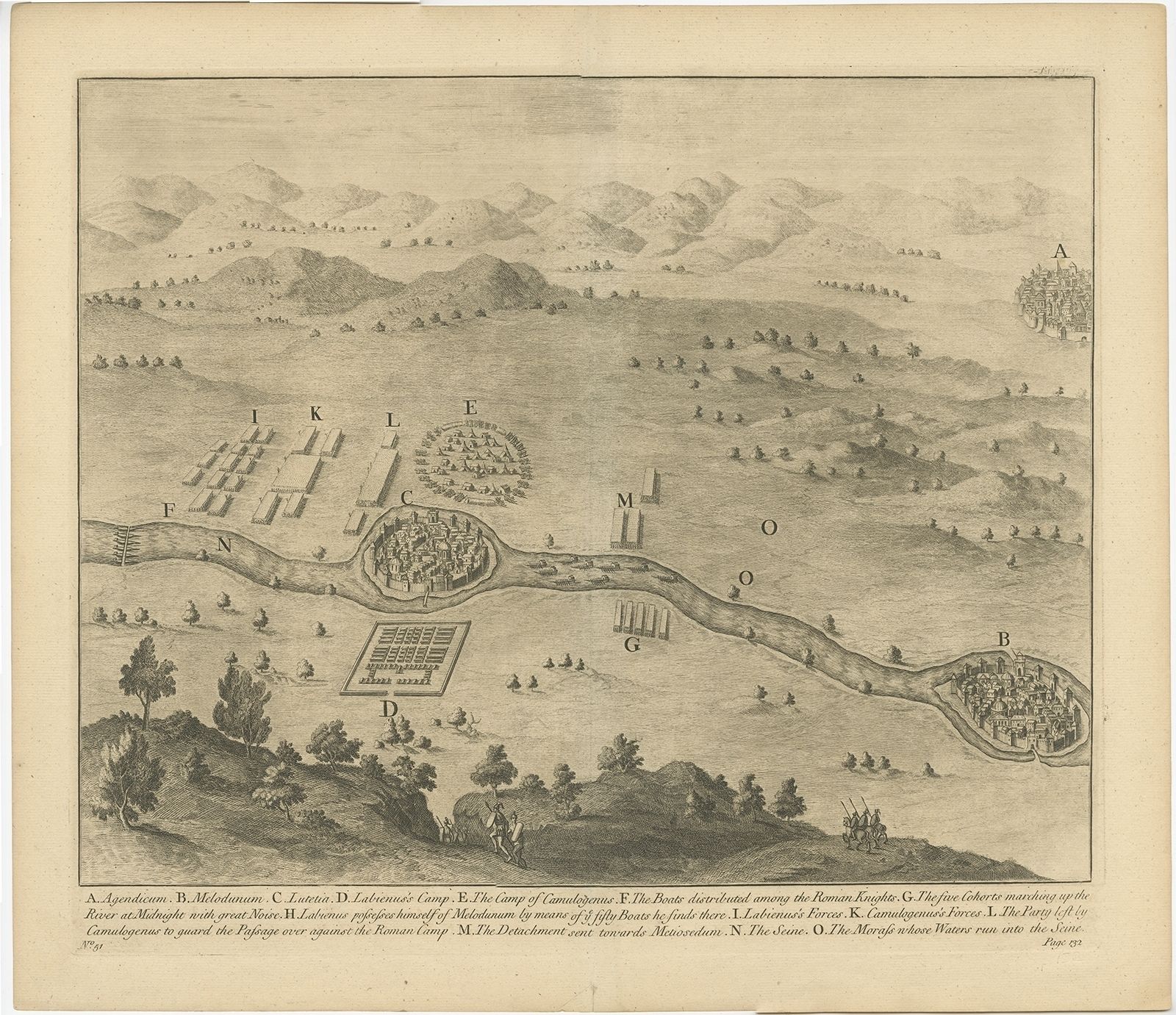 No. 51 Antique Print Of The Camp Of Labienus And Camulogenus By Duncan (C.1753)