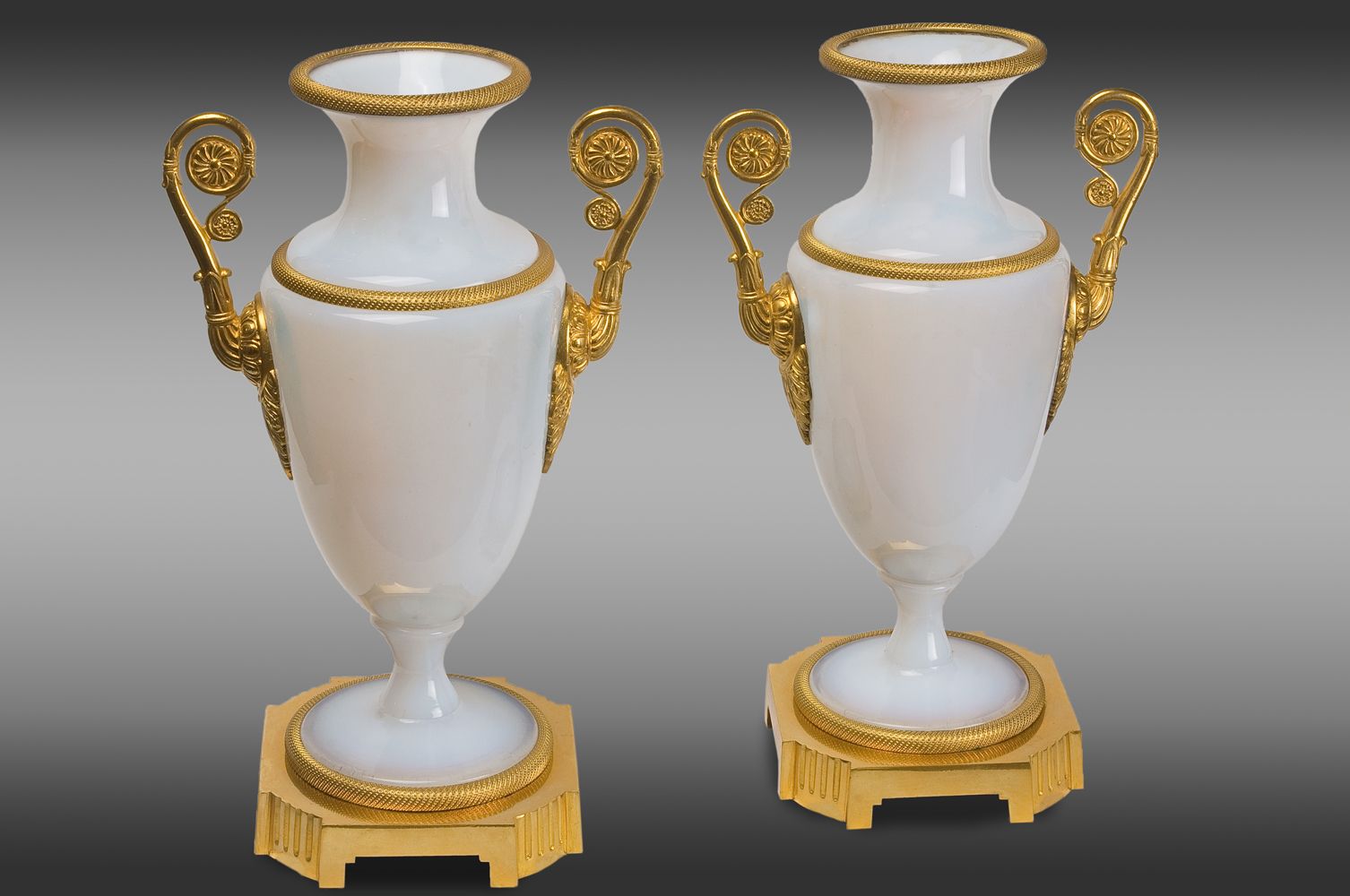 French White Opaline Vases, With Gilt Bronze Mounts. Charles X Period