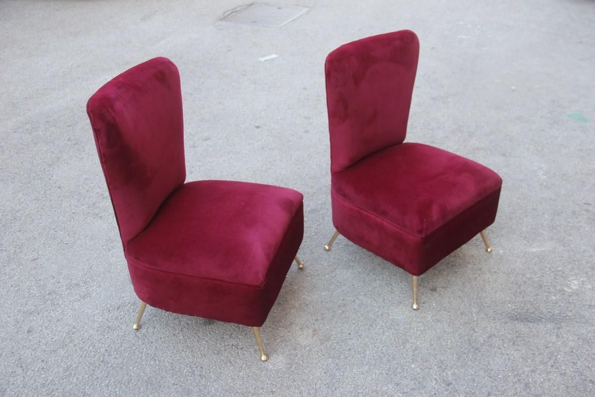 Bedroom Chairs Dark Red Velvet Feet Brass Midcentury Italian Design Gigi Radice photo for sale