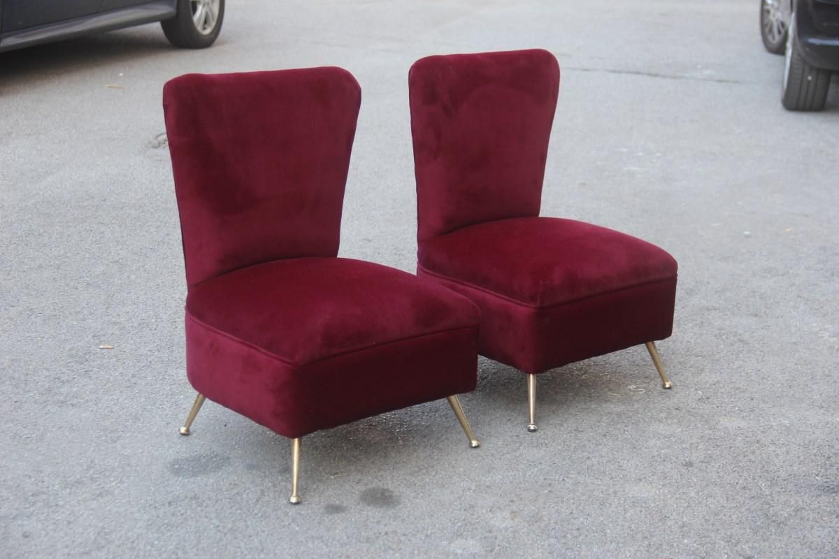 Bedroom Chairs Dark Red Velvet Feet Brass Midcentury Italian Design Gigi Radice photo vintage