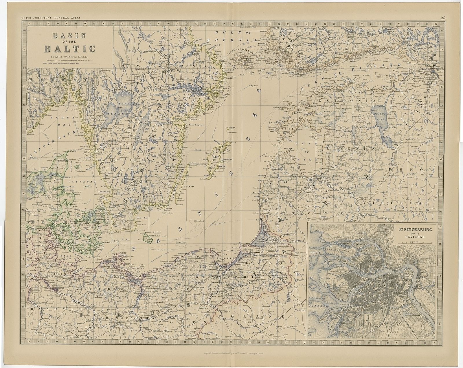 Antique Map Of The Region Around The Baltic Sea By Johnston (1882)