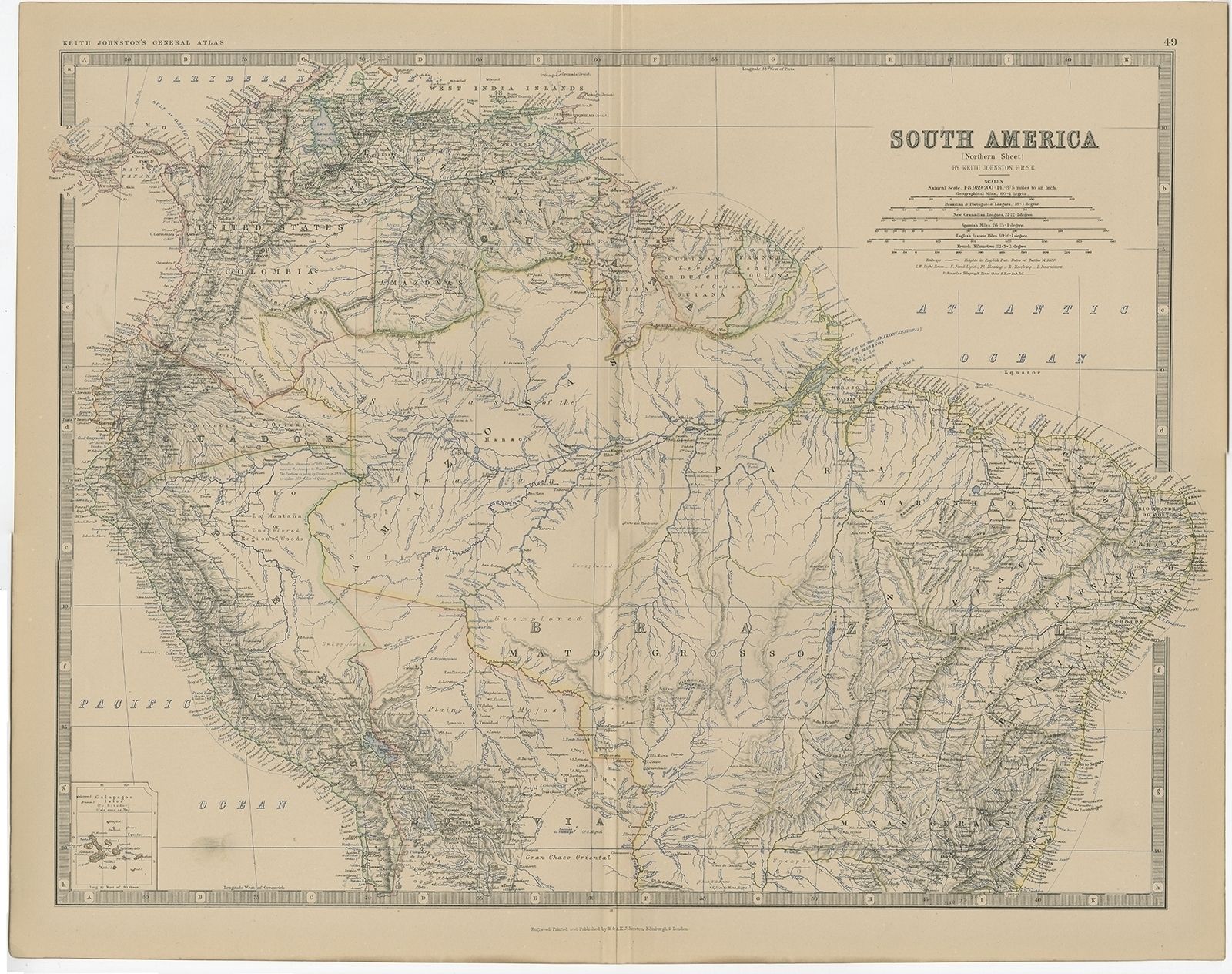 Antique Map Of South America By Johnston (1882)