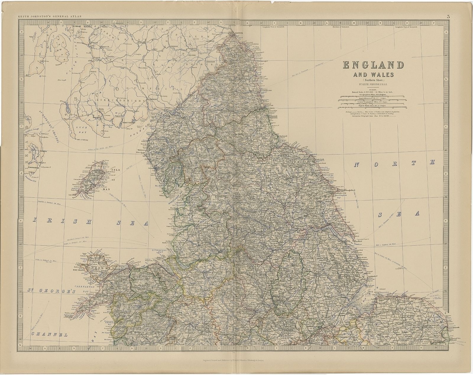 Antique Map Of (Northern) England And Wales By Johnston (1882)