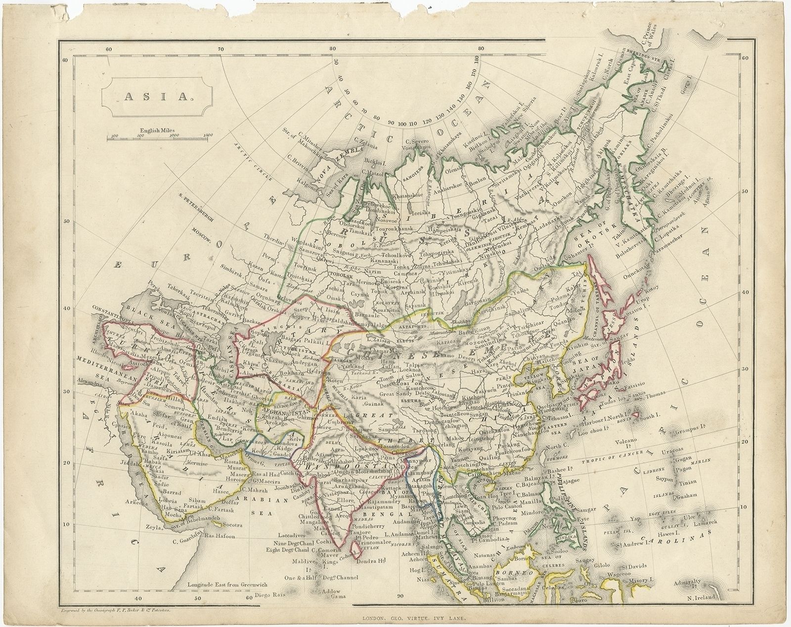 Antique Map Of The Asian Continent By Becker (C.1860)