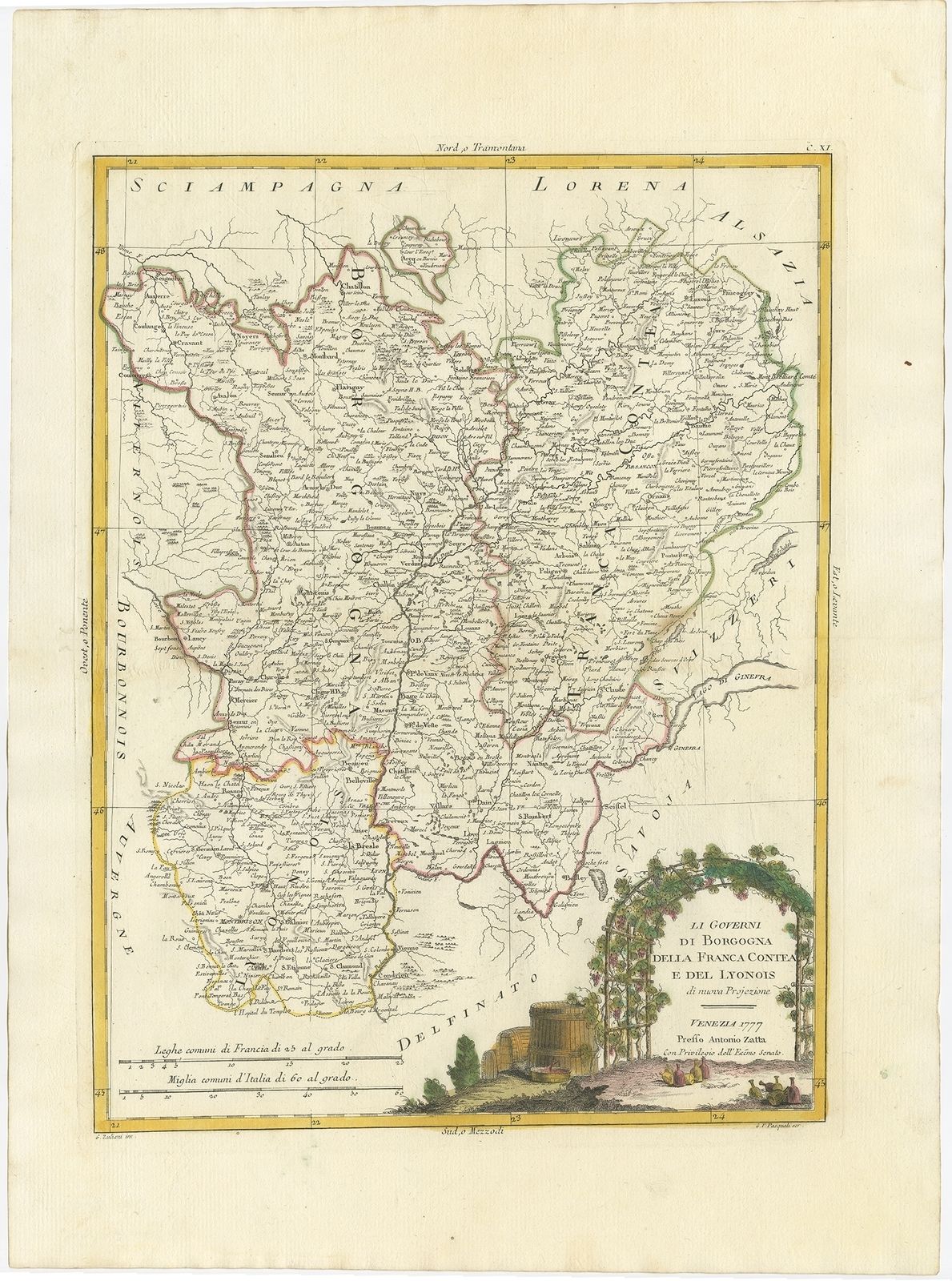 Antique Map Of The Region Of Beaujolais Saône Et Loire And Bourgogne By Zatta (1779)