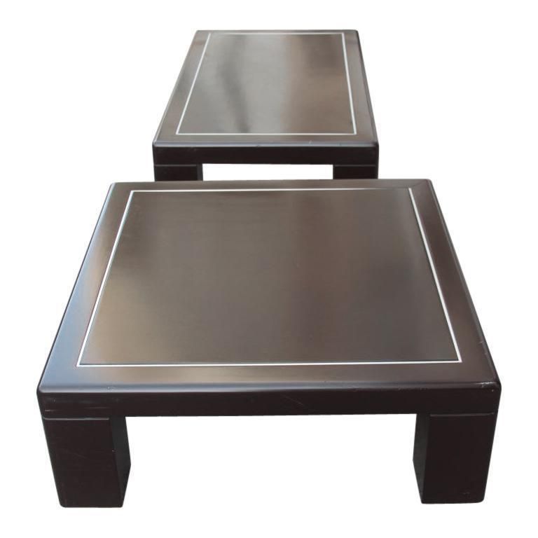 Pair Of Minimalist Low Tables In Brown And Aluminum Lacquer Italian Design, 1970