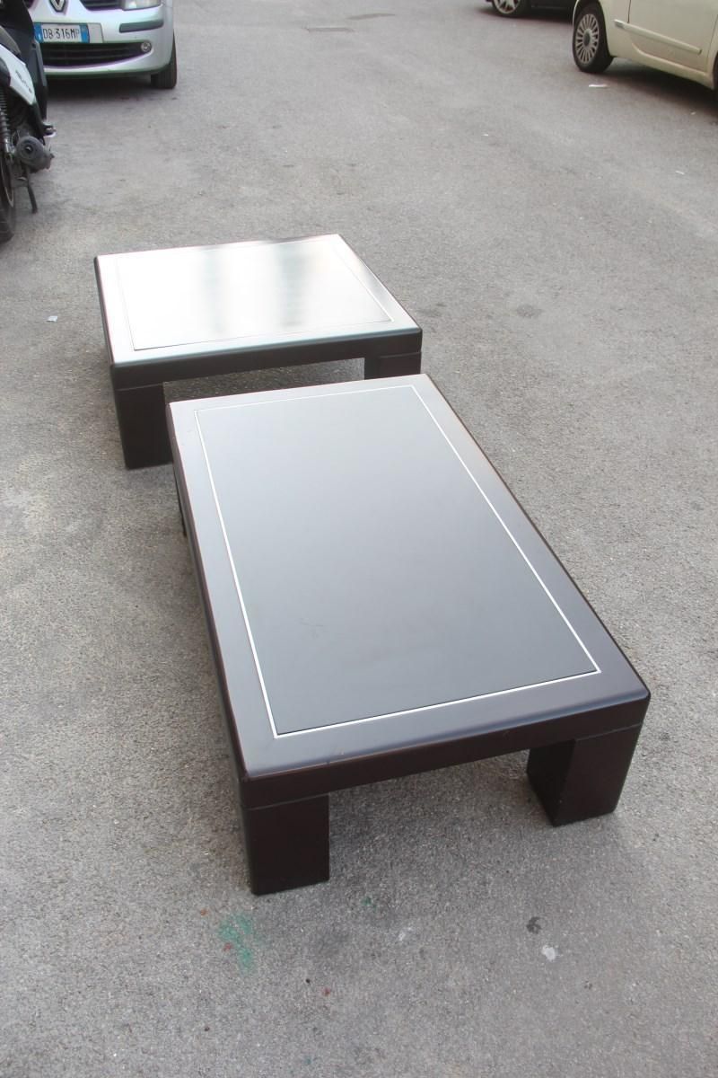Pair Of Minimalist Low Tables In Brown And Aluminum Lacquer Italian Design, 1970 photo 3052.0
