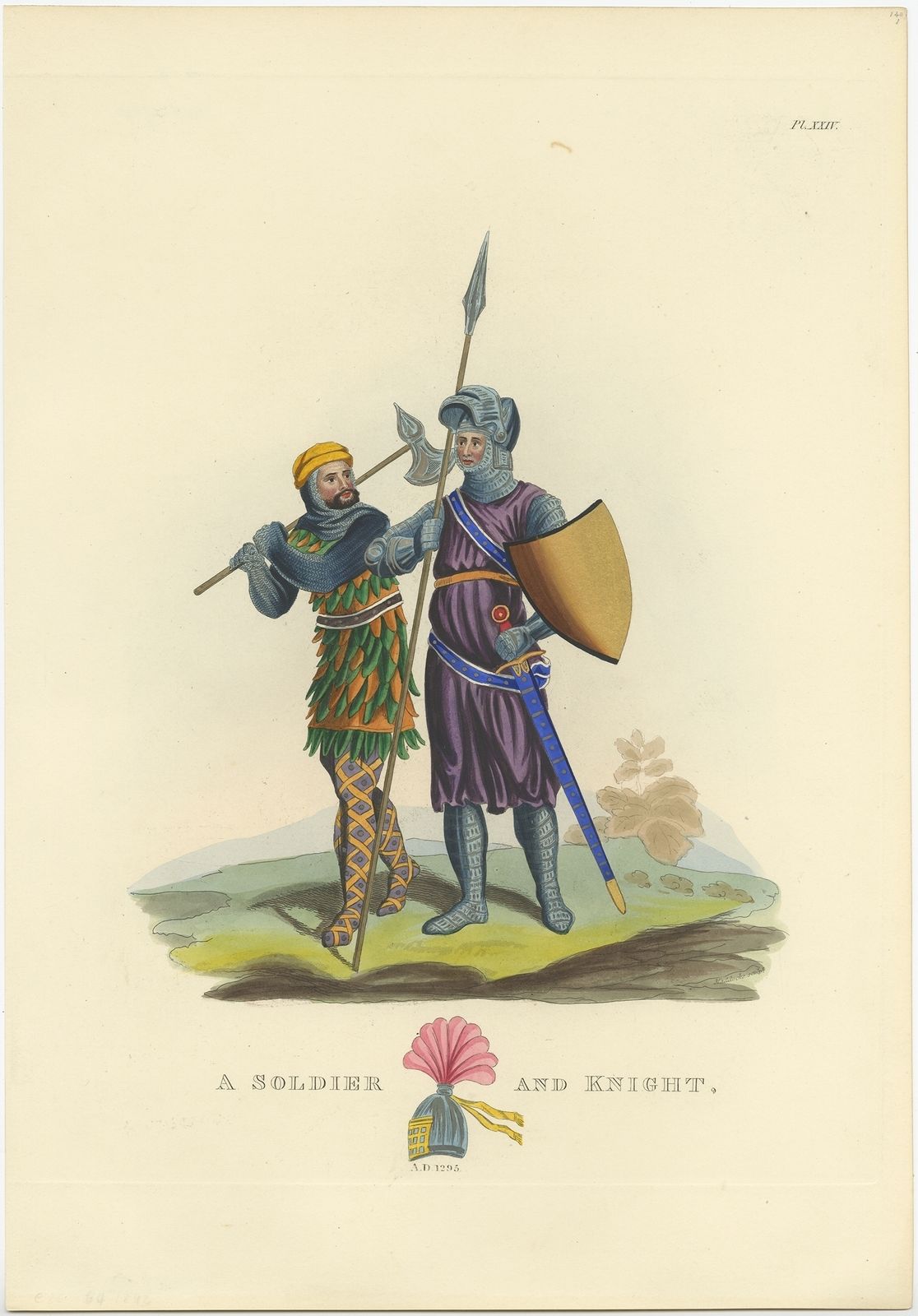 Antique Print Of A Soldier And Knight By Meyrick (1842)