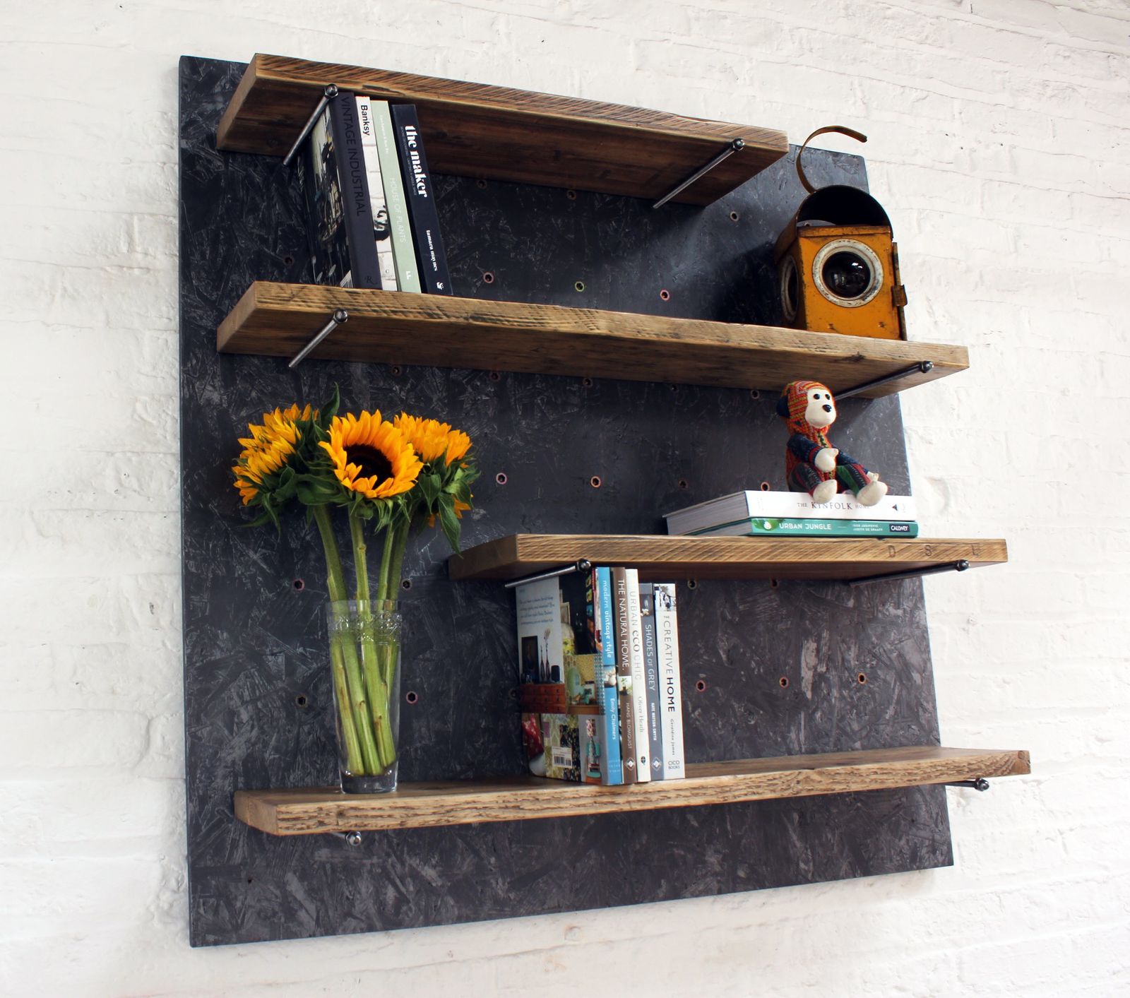 Avon Adjustable Reclaimed Scaffolding Shelves Mounted On Painted Osb With Removable Threaded Peg Supports 