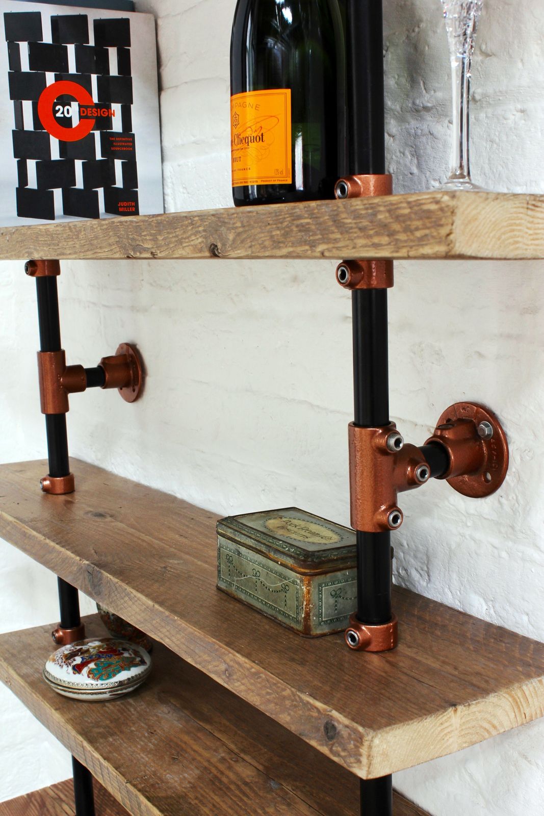 Barney Floor And Wall Mounted Shelving Made With Reclaimed Scaffolding Boards, Dark Steel Pipe And Copper Powder Coated Adjustable Fittings photo furniture