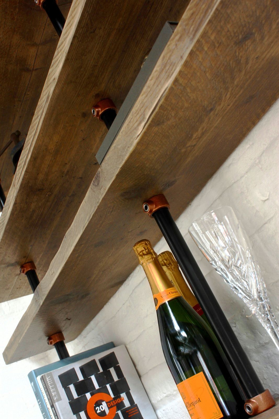 Barney Floor And Wall Mounted Shelving Made With Reclaimed Scaffolding Boards, Dark Steel Pipe And Copper Powder Coated Adjustable Fittings photo Furniture
