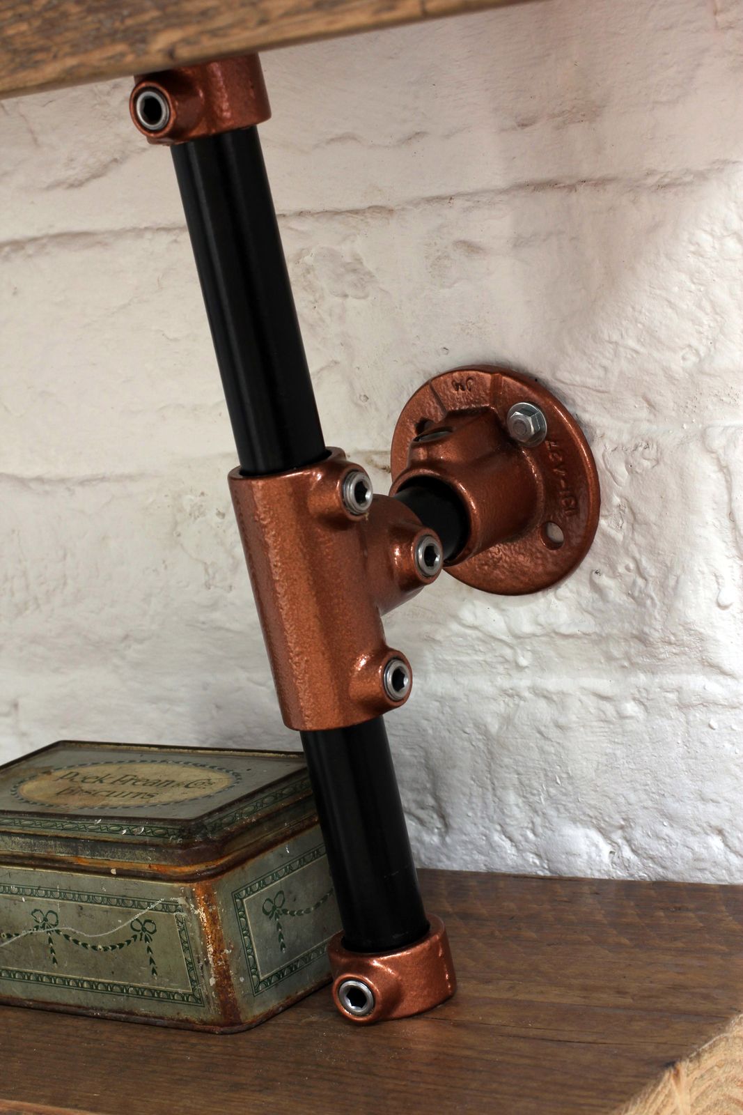 Barney Floor And Wall Mounted Shelving Made With Reclaimed Scaffolding Boards, Dark Steel Pipe And Copper Powder Coated Adjustable Fittings photo 1425.0