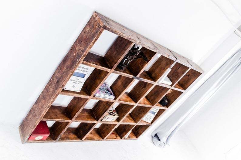 Bazany Reclaimed Chestnut Stained Scaffolding Board 20 Aperture Display Cube Fixture   Urban Storage, Bespoke Industrial Shelving photo Furniture